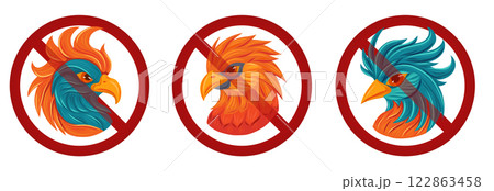 Vector illustration set of stylized bird heads with a prohibition sign. Perfect for warning signs, logos, or stickers. Don t touch the birds 122863458