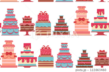 Vector seamless pattern with cakes on horizontal shelves on white background. Birthday and anniversary. Festive wrapping paper 122863460