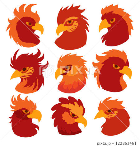 Vector collection of red phoenix silhouettes. Set of fable parrot heads in fantasy style. Hand drawn fire birds 122863461