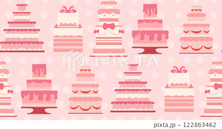 Vector seamless pattern with festive cakes in soft pink colors on polka dot background. Valentines day cake texture. Sweet treat 122863462