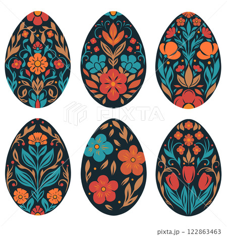 Vector set of Easter egg clip art in folk art style. Collection of illustrations of decorative holiday eggs. Spring treats with floral ornament 122863463