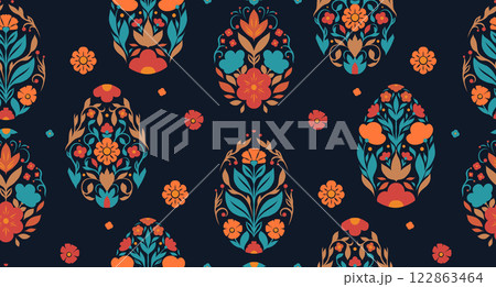 Vector seamless pattern with Easter eggs in folk art style on dark background. Texture with decorative holiday eggs. Wallpaper with floral ornament. 122863464