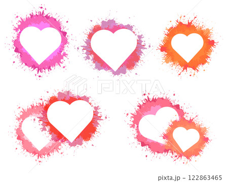Vector set of heart silhouette clip art with pink watercolor splashes isolated from background. Holiday grunge hearts 122863465