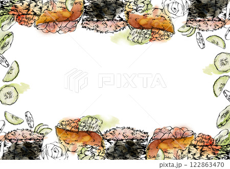 Traditional Japanese food, gunkan inari sushi with raw fish salmon tuna crab, caviar cucumber slices, ginger hand drawn in watercolor, ink. Border frame for restaurant, cafe menu, kitchen, recipe book 122863470