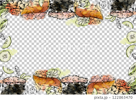 Traditional Japanese food, gunkan inari sushi with raw fish salmon tuna crab, caviar cucumber slices, ginger hand drawn in watercolor, ink. Border frame for restaurant, cafe menu, kitchen, recipe book 122863470
