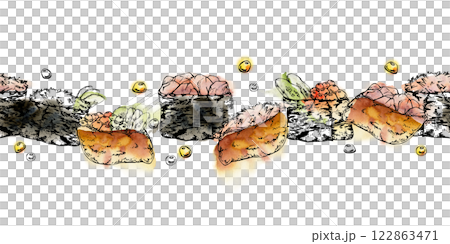 Traditional Japanese food, gunkan inari sushi with caviar cucumber ginger, raw fish salmon tuna crab, hand drawn in watercolor and ink. Seamless banner for restaurant, cafe menu, kitchen, recipe book 122863471