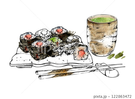 Japanese food maki sushi roll set on ceramic plate, matcha tea, chopsticks. Raw fish salmon tuna cucumber kappa wasabi, hand drawn in watercolor, ink. Illustration restaurant, cafe menu, recipe book 122863472
