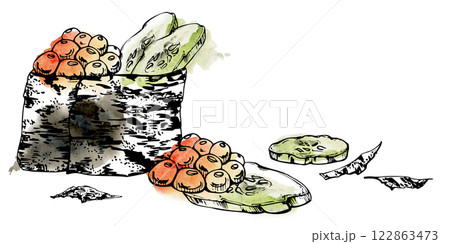 Traditional Japanese food, gunkan sushi with raw fish salmon caviar, rice, cucumber slices, nori flakes, hand drawn in watercolor and ink. Illustration for restaurant, cafe menu, kitchen, recipe book 122863473