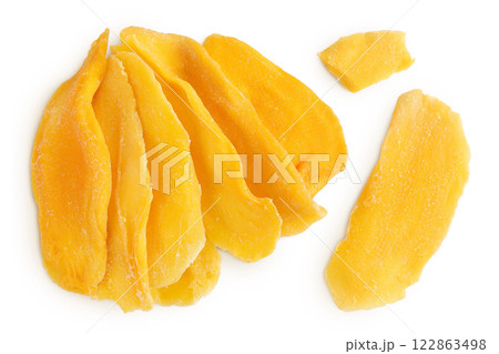 dried mango isolated on white background. Top view. Flat lay dried mango isolated on white background. Top view. Flat lay 122863498