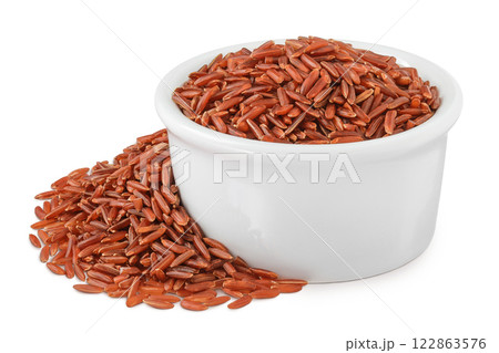 red rice in a ceramic bowl isolated on white background 122863576