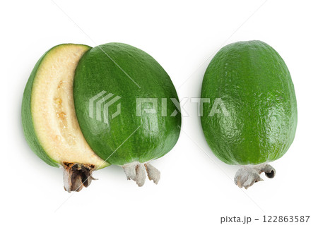 Feijoa fruit isolated on white background. Top view. Flat lay Feijoa fruit isolated on white background. Top view. Flat lay 122863587