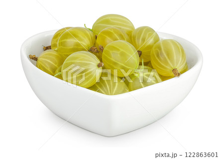 Green gooseberry in ceramic bowl isolated on white background with full depth of field 122863601