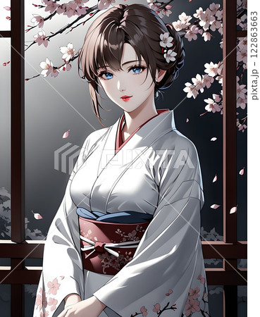 桜の木の下に立つ着物の女性 桜の木の下に立つ着物の女性 122863663