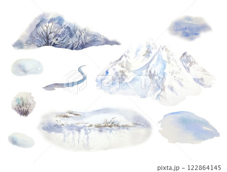 Winter landscape elements, mountains, trees, snowdrifts, bush, road. Hand drawn watercolor illustration isolated on white. Greeting cards, covers, invitations, flyers, Christmas and New Year banners. Winter landscape elements, mountains, trees, snowdrifts, bush, road. Hand drawn watercolor illustration isolated on white. Greeting cards, covers, invitations, flyers, Christmas and New Year banners. 122864145