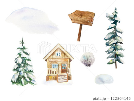 Elements of winter landscape constructor. Snowdrift, house, spruce, pine, bush, wooden signpost. Hand drawn watercolor illustration isolated. Postcards, invitations, New Year and Christmas banners. Elements of winter landscape constructor. Snowdrift, house, spruce, pine, bush, wooden signpost. Hand drawn watercolor illustration isolated. Postcards, invitations, New Year and Christmas banners. 122864146