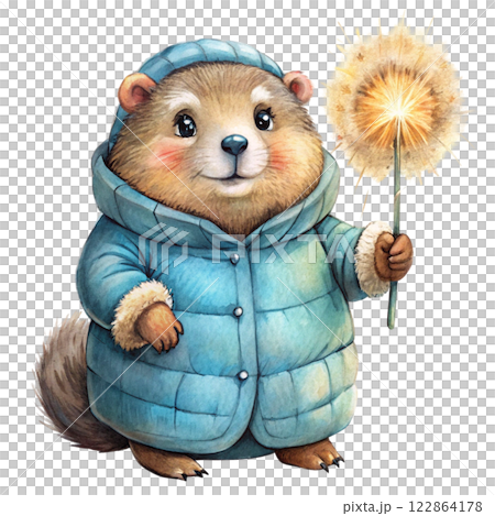 Groundhog  fireworks  wearing winter clothes 122864178
