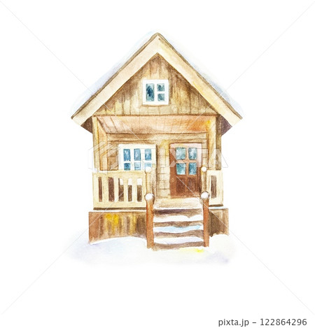 Wooden house hut for winter country recreation. Hand drawn watercolor illustration isolated on white. For postcards, invitations, New Year and Christmas banners. Wooden house hut for winter country recreation. Hand drawn watercolor illustration isolated on white. For postcards, invitations, New Year and Christmas banners. 122864296