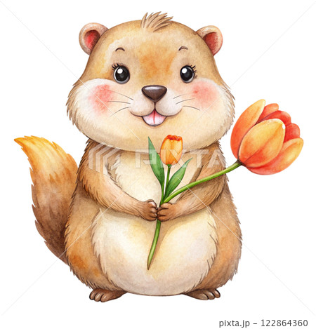 Groundhog Cute Kawaii Holding the national flower 122864360