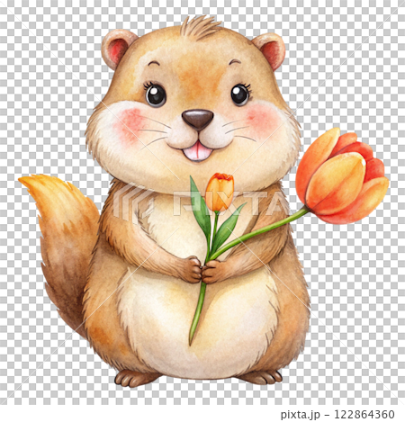 Groundhog Cute Kawaii Holding the national flower 122864360