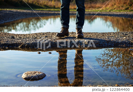 Reflections in a Tranquil Pool A Glimpse into Natures Calm and Serene Serenity 122864400