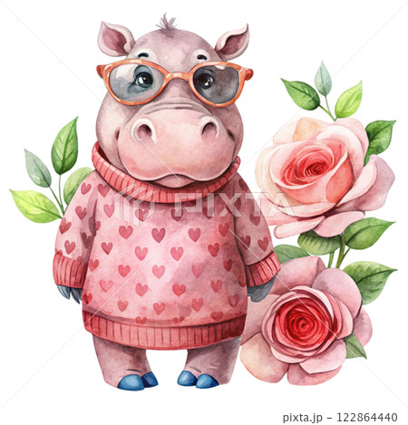 Hippopotamus rose Valentine Watercolor 122864440