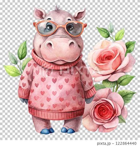 Hippopotamus rose Valentine Watercolor 122864440