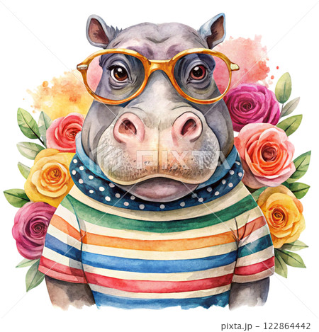 Hippopotamus rose Valentine Watercolor 122864442