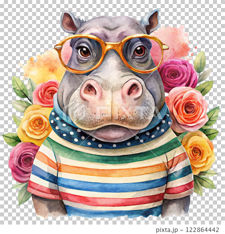 Hippopotamus rose Valentine Watercolor 122864442