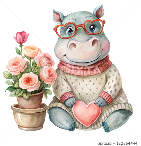 Hippopotamus rose Valentine Watercolor 122864444