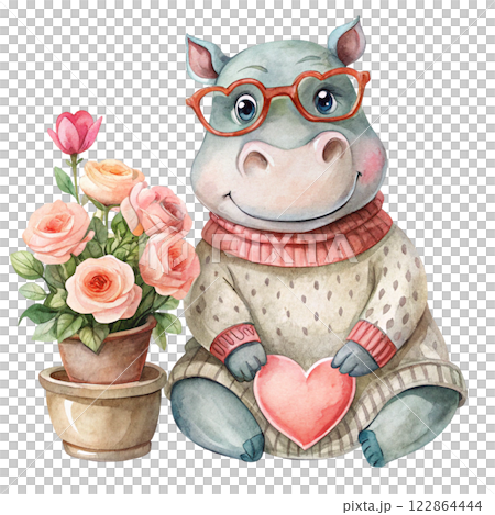 Hippopotamus rose Valentine Watercolor 122864444