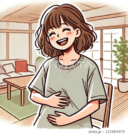 お腹を抱えて大笑いしている日本人のお母さんのカラーイラスト 122864970