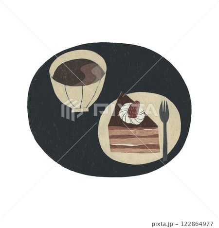 水彩絵の具で描いたシックな色のイチゴケーキとカフェオレのイラストレーション 水彩絵の具で描いたシックな色のイチゴケーキとカフェオレのイラストレーション 122864977