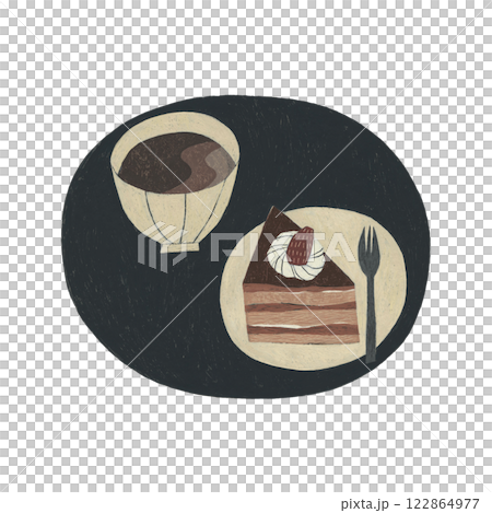 水彩絵の具で描いたシックな色のイチゴケーキとカフェオレのイラストレーション 水彩絵の具で描いたシックな色のイチゴケーキとカフェオレのイラストレーション 122864977