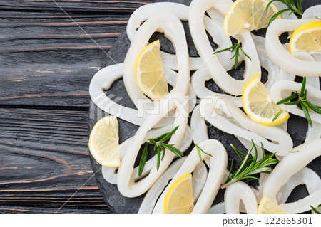 Squid tube and ring photography . Seafood top view 122865301