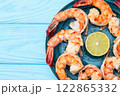 Grilled Tiger shrimps with lime photography . Top view 122865332