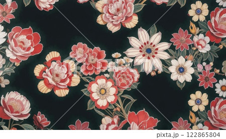 黒地に華やかな花柄の和風壁紙 黒地に華やかな花柄の和風壁紙 122865804