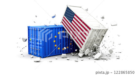 White container crashing into blue container, symbolizing trade conflict White container crashing into blue container, symbolizing trade conflict 122865850