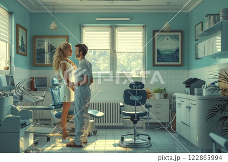 nurse taking a patient's blood pressure in a well-equipped examination room 122865994