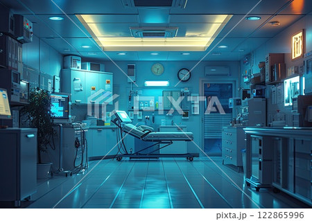 nurse taking a patient's blood pressure in a well-equipped examination room 122865996