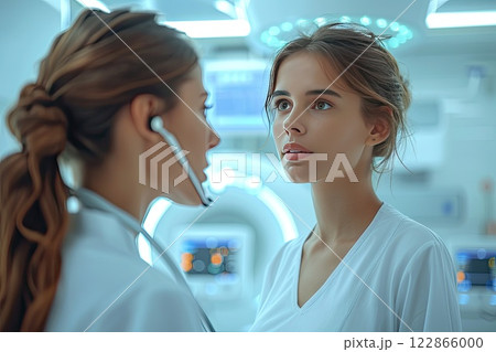 nurse taking a patient's blood pressure in a well-equipped examination room 122866000