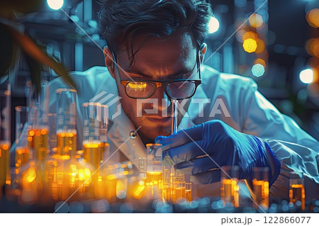 student conducting a science experiment with test tubes and lab equipment 122866077