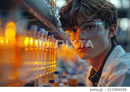 student conducting a science experiment with test tubes and lab equipment student conducting a science experiment with test tubes and lab equipment 122866086