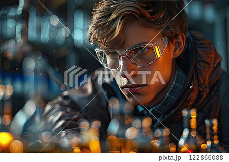 student conducting a science experiment with test tubes and lab equipment 122866088