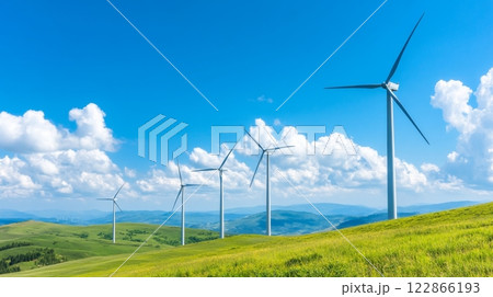Bright wind turbines rise against a blue sky, highlighting clean energy and eco-awareness, Earth Day concept 122866193