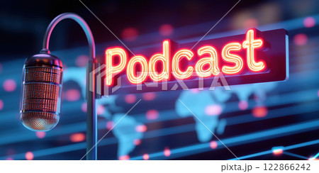 Podcast sign illuminated with vibrant lights and microphone design 122866242
