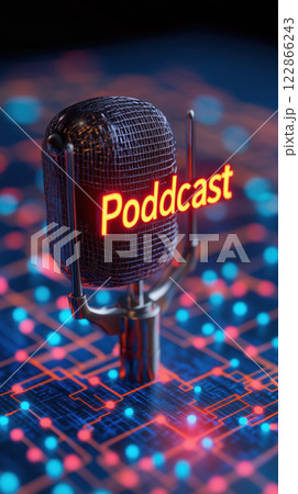 Podcast microphone illuminated in vibrant orange lights on digital background 122866243
