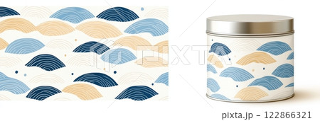 Delicate waves and nature-inspired motifs in blue and beige adorn a stylish tea tin with cultural elegance 122866321