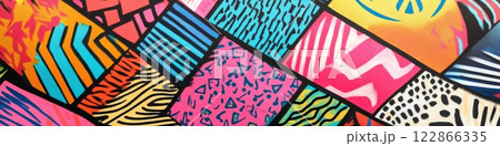 Traditional African ornaments on fabric fill an art studio with vibrant colors and intricate tribal motifs 122866335