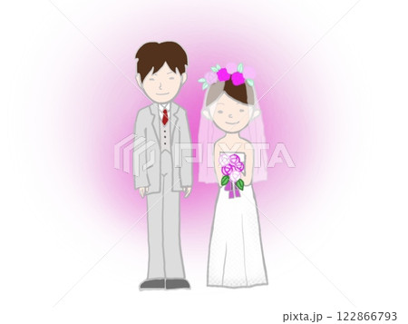 白背景とピンクの背景と結婚式の新郎と新婦 122866793