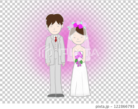 白背景とピンクの背景と結婚式の新郎と新婦 122866793